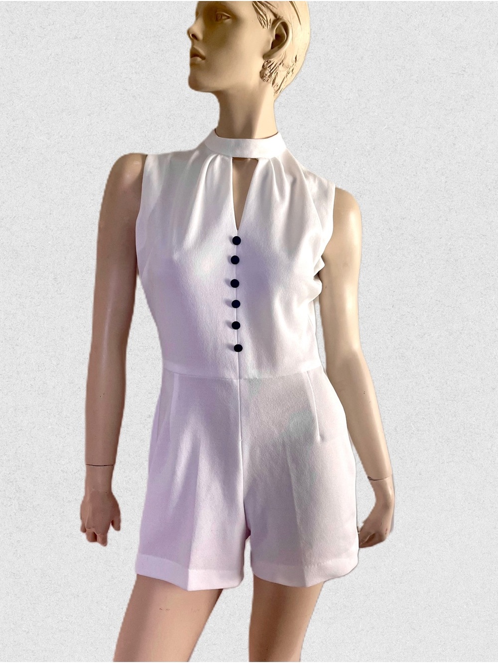 1970s Sailor Romper, Sleeveless White Button-Front